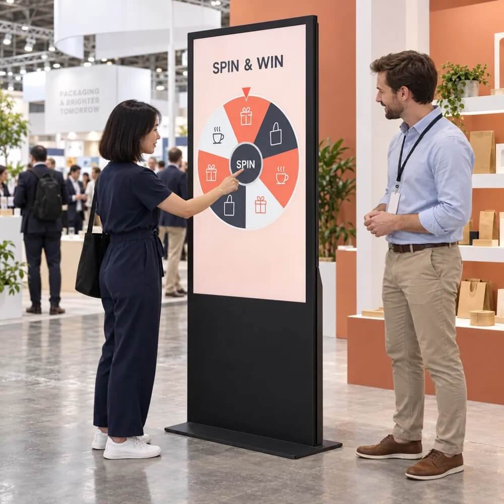 Visitors gathered at a prize wheel kiosk