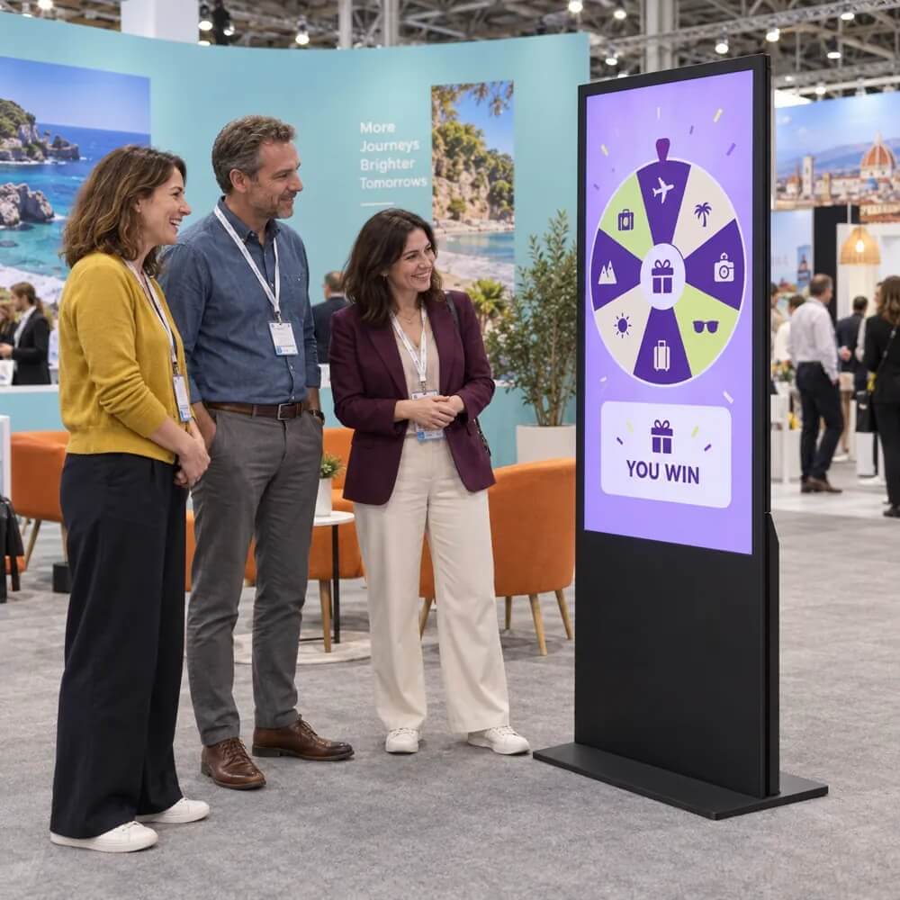 A couple trying the prize wheel kiosk