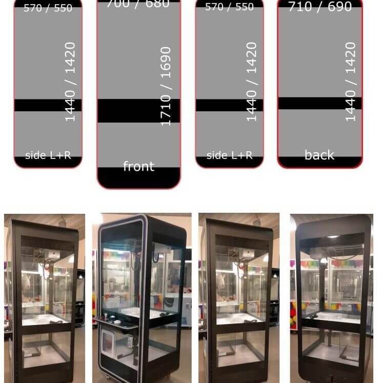 Transparent black claw machines shown from several angles