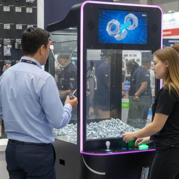 Visitors at a black video screen claw machine at a trade show