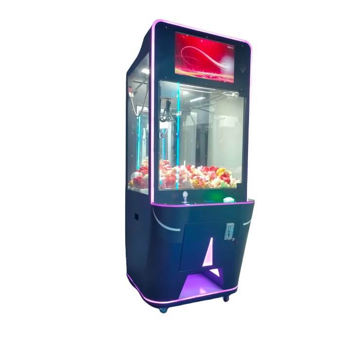 Black MadeForArcade claw machine with a video screen topper