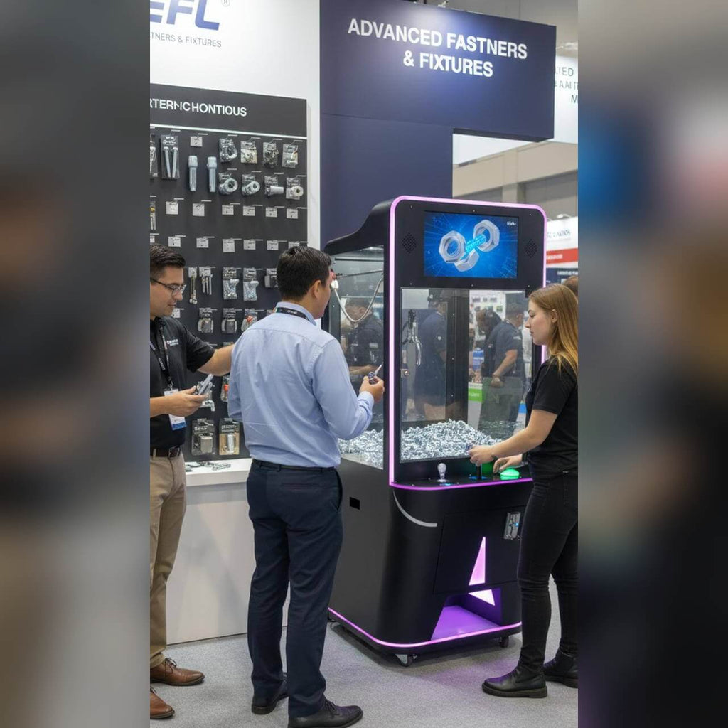 Video screen claw machine at a busy event