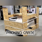 Wall-mounted arcade machine in its wooden packing crate