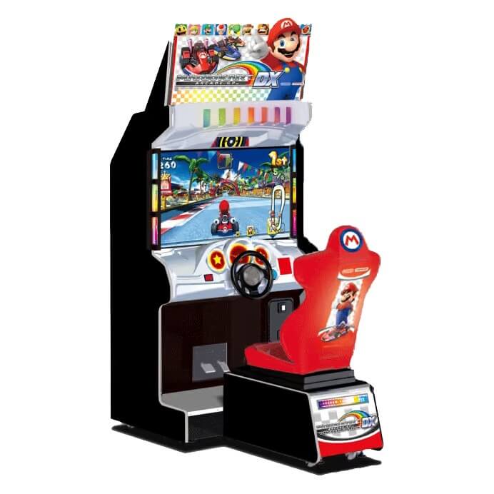 Mario Kart Arcade GP DX racing arcade machine with rainbow LED cabinet, red seat and steering wheel