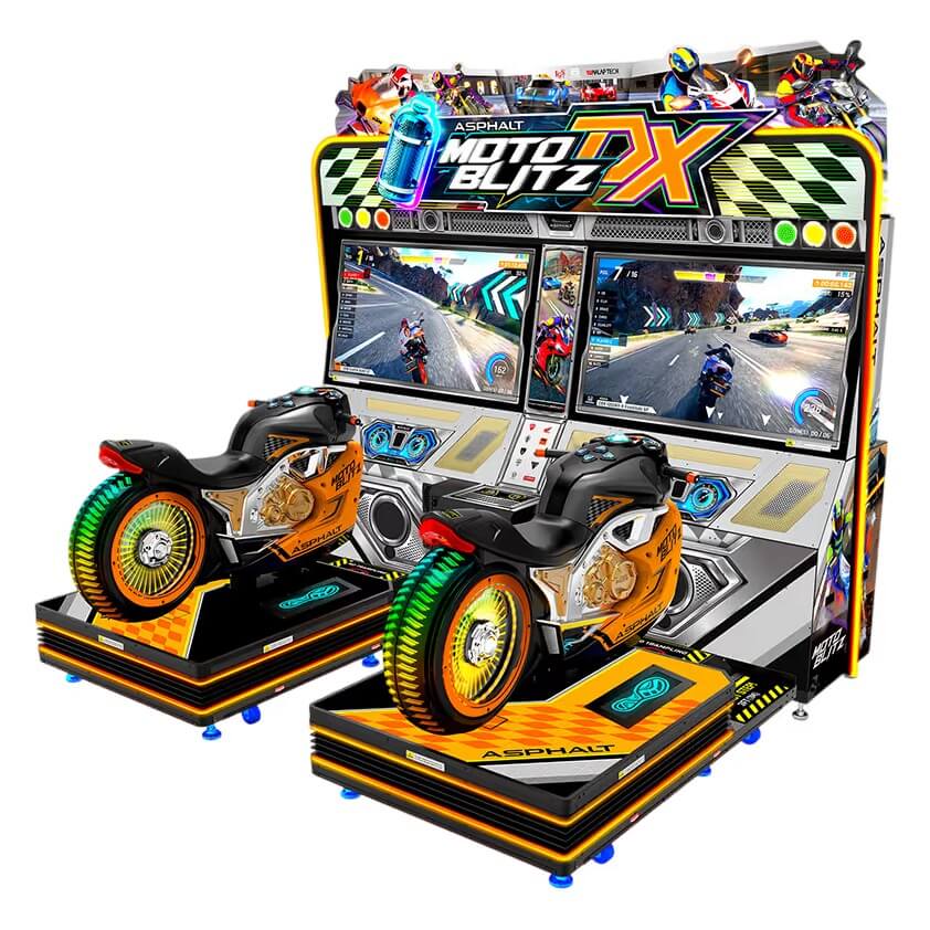 Moto Blitz DX twin motorbike racing arcade machine with two motion bikes and screens
