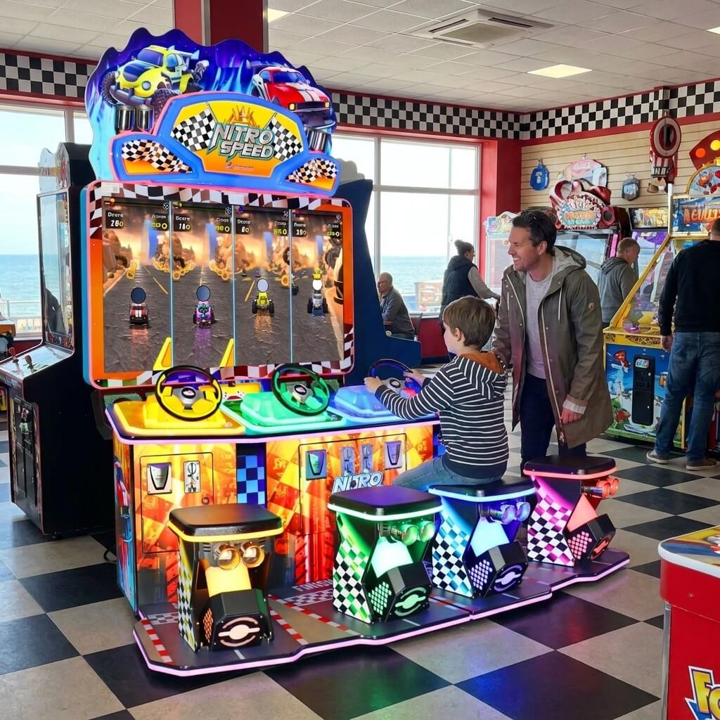 Nitro Speed 4 player racing arcade machine in a UK seaside arcade with a child playing while a parent watches