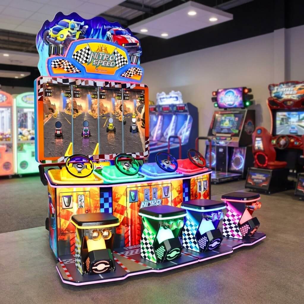 Nitro Speed 4 player racing arcade machine glowing in a family entertainment centre