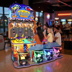 Friends racing on Nitro Speed at a bowling alley in the evening