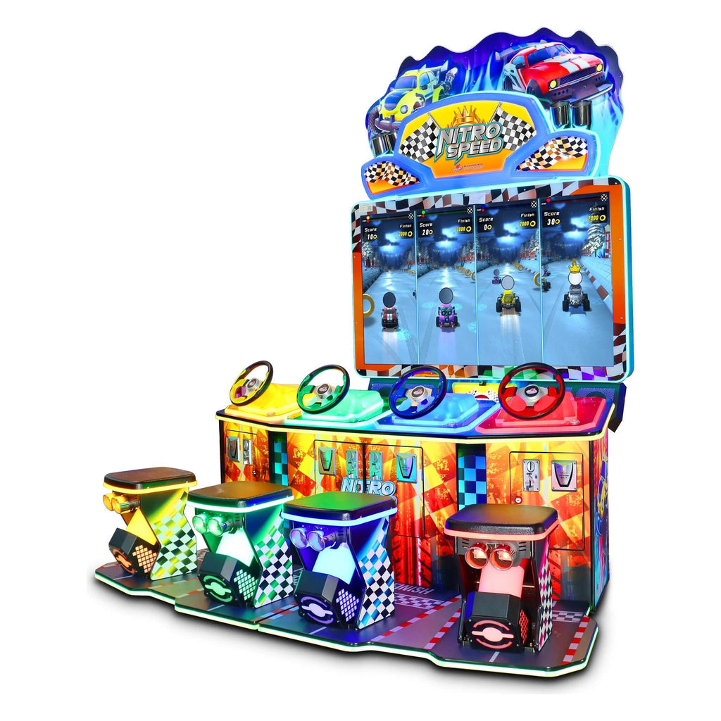 Nitro Speed four player racing arcade machine with four coloured steering wheels and stools