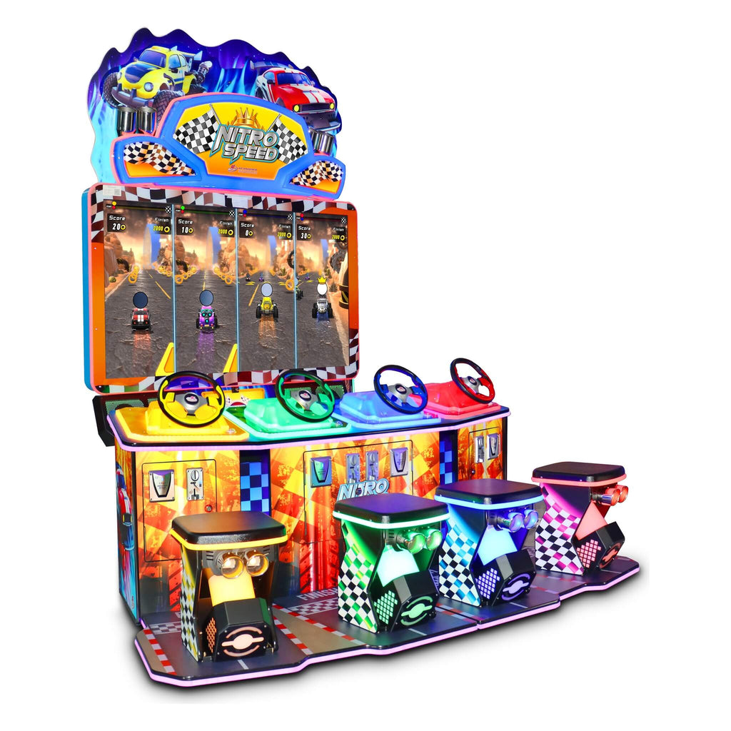 Nitro Speed four player racing arcade machine with a wide split-lane screen, four steering wheels and stools