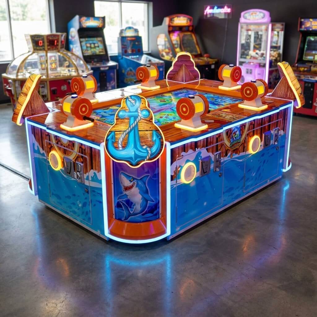Open Sea Fishing 6 player arcade machine glowing in a family entertainment centre