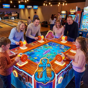 A family playing Open Sea Fishing together at a bowling alley in the evening