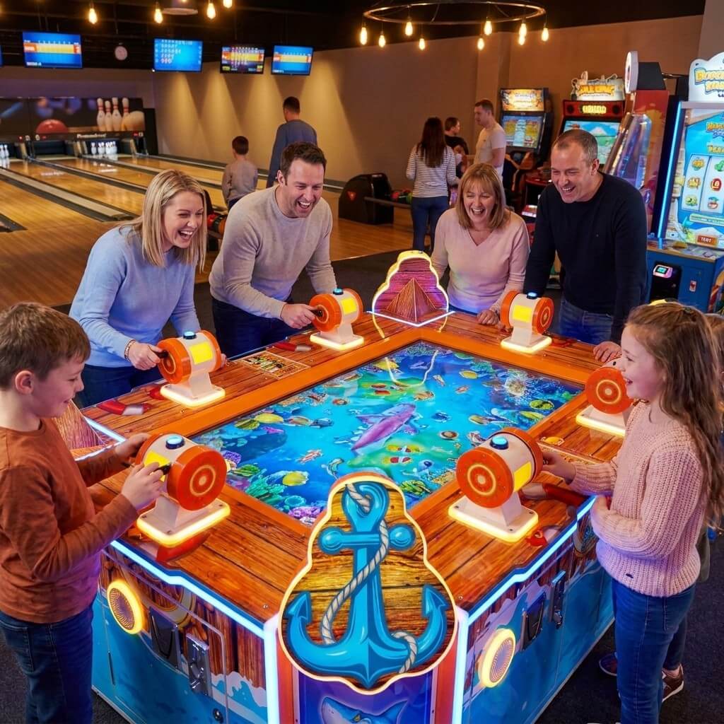 A family playing Open Sea Fishing together at a bowling alley in the evening
