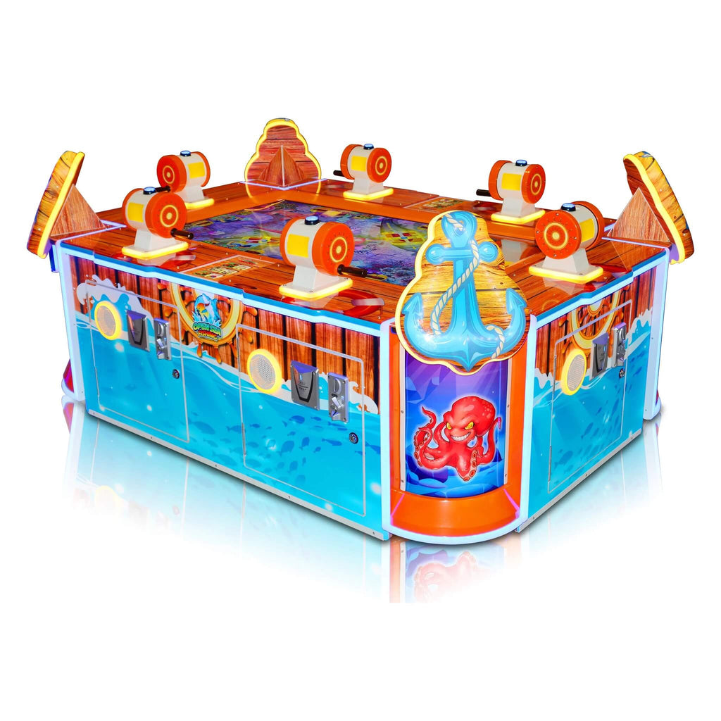 Open Sea Fishing six player arcade machine from another angle showing the fishing stations around the ocean screen