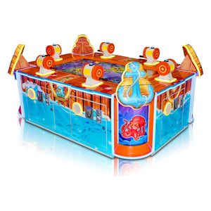 Open Sea Fishing six player arcade machine from another angle showing the fishing stations around the ocean screen