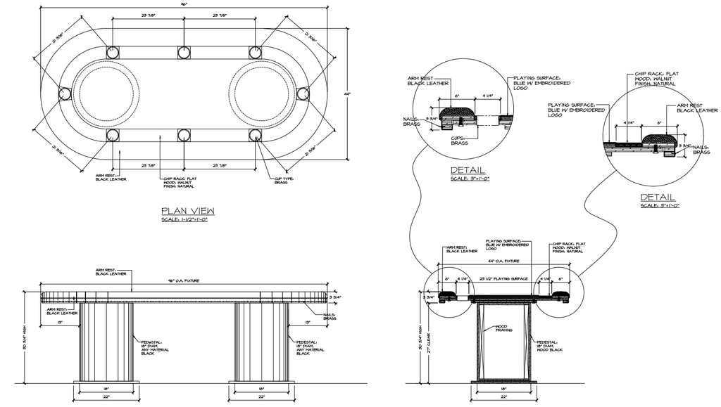 PDF design drawing of an oval poker table with two pedestals, supplied for approval before build