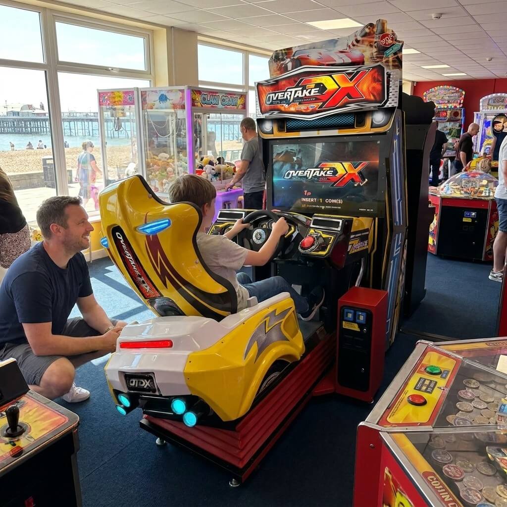 Overtake DX racing arcade machine in a UK seaside arcade with a child racing