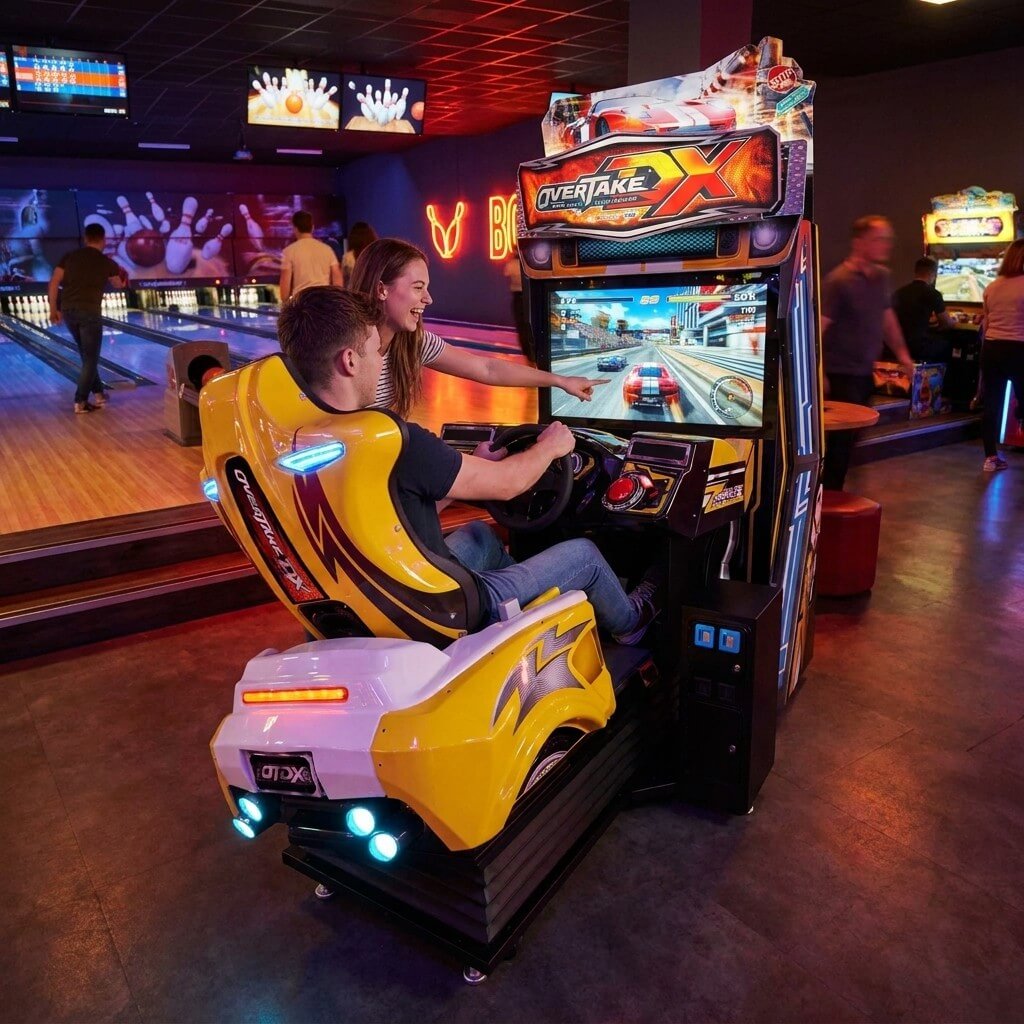 Young adult racing on Overtake DX at a bowling alley in the evening while a friend watches