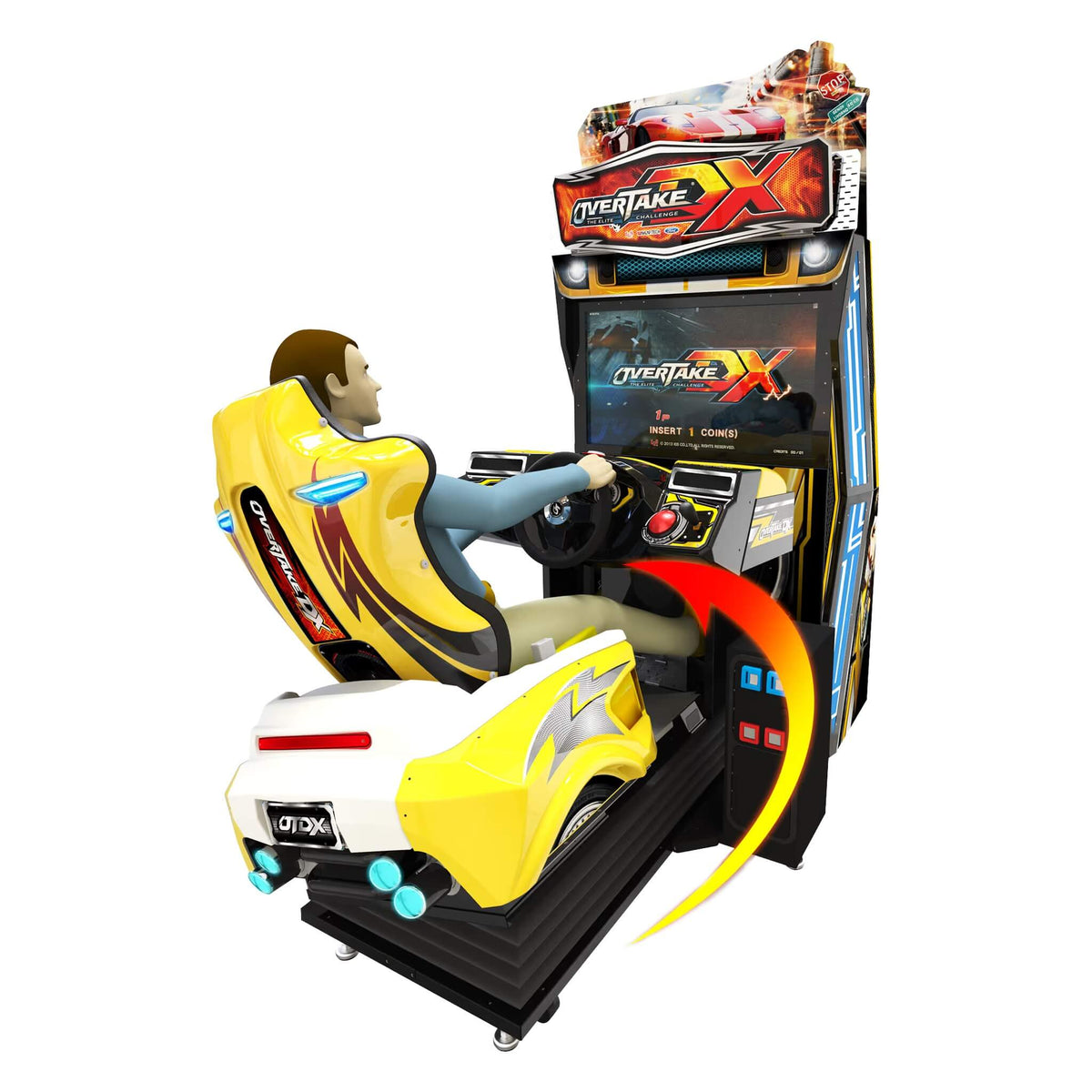 Overtake DX racing arcade machine with yellow sports car seat, steering wheel and large screen