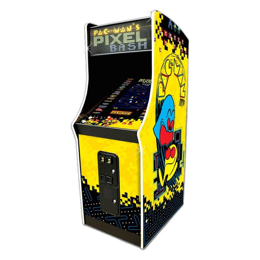 PAC-MAN's Pixel Bash upright retro arcade machine with yellow PAC-MAN cabinet