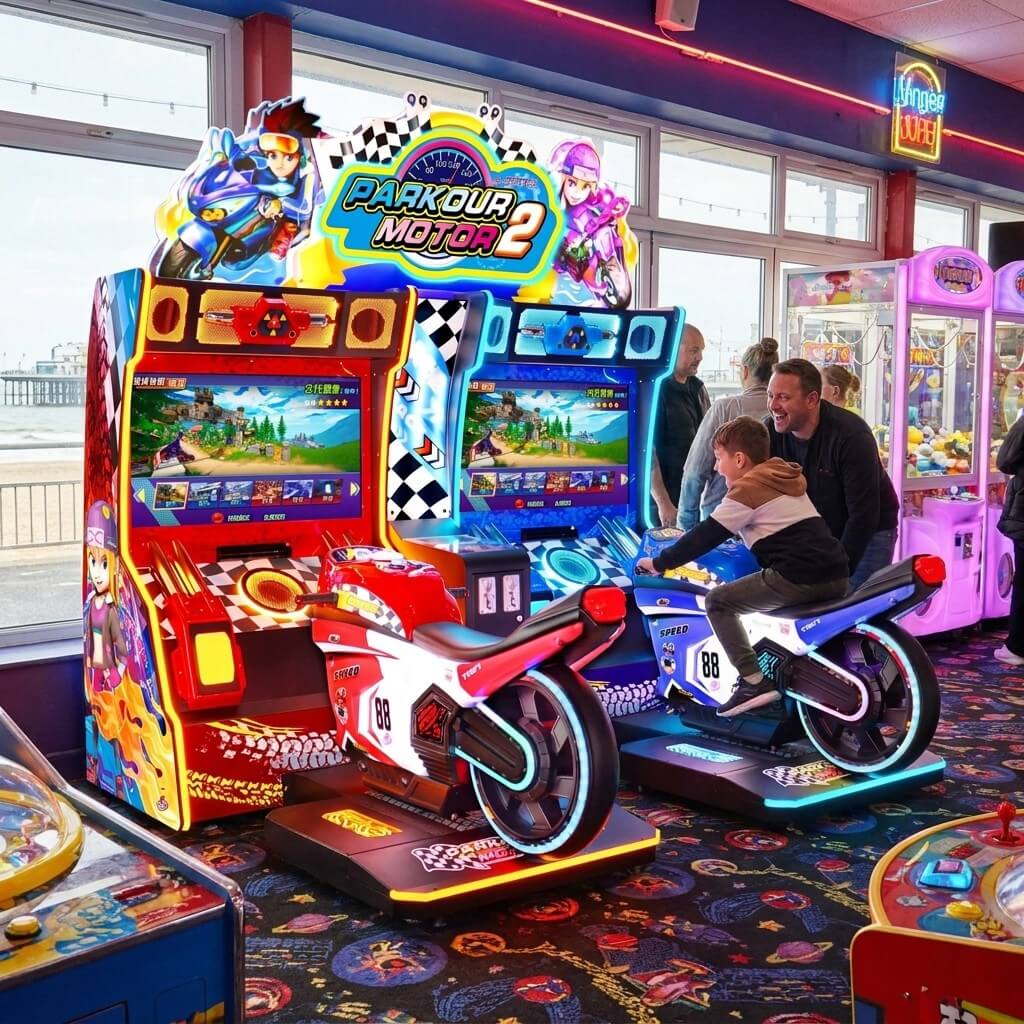 Parkour Motor II DX twin motorbike arcade machine in a UK seaside arcade with a child playing while a parent watches