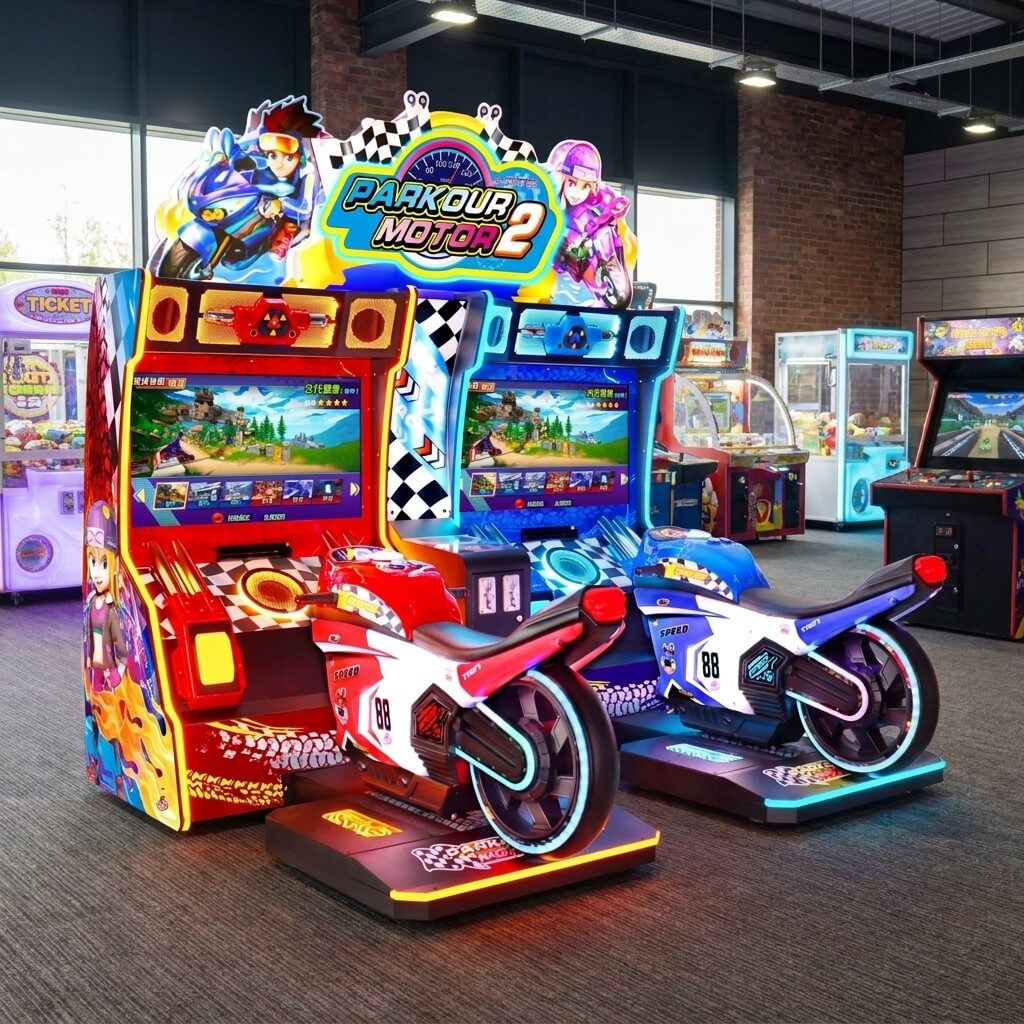 Parkour Motor II DX twin motorbike arcade machine glowing in a family entertainment centre