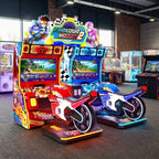 Parkour Motor II DX twin motorbike arcade machine glowing in a family entertainment centre