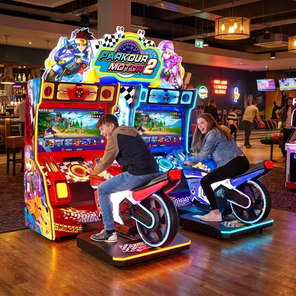 Two teenagers racing on Parkour Motor II DX at a bowling alley in the evening