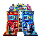 Parkour Motor II DX arcade machine from the front showing both screens and the lit marquee