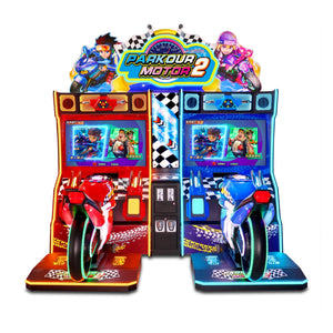 Parkour Motor II DX arcade machine from the front showing both screens and the lit marquee