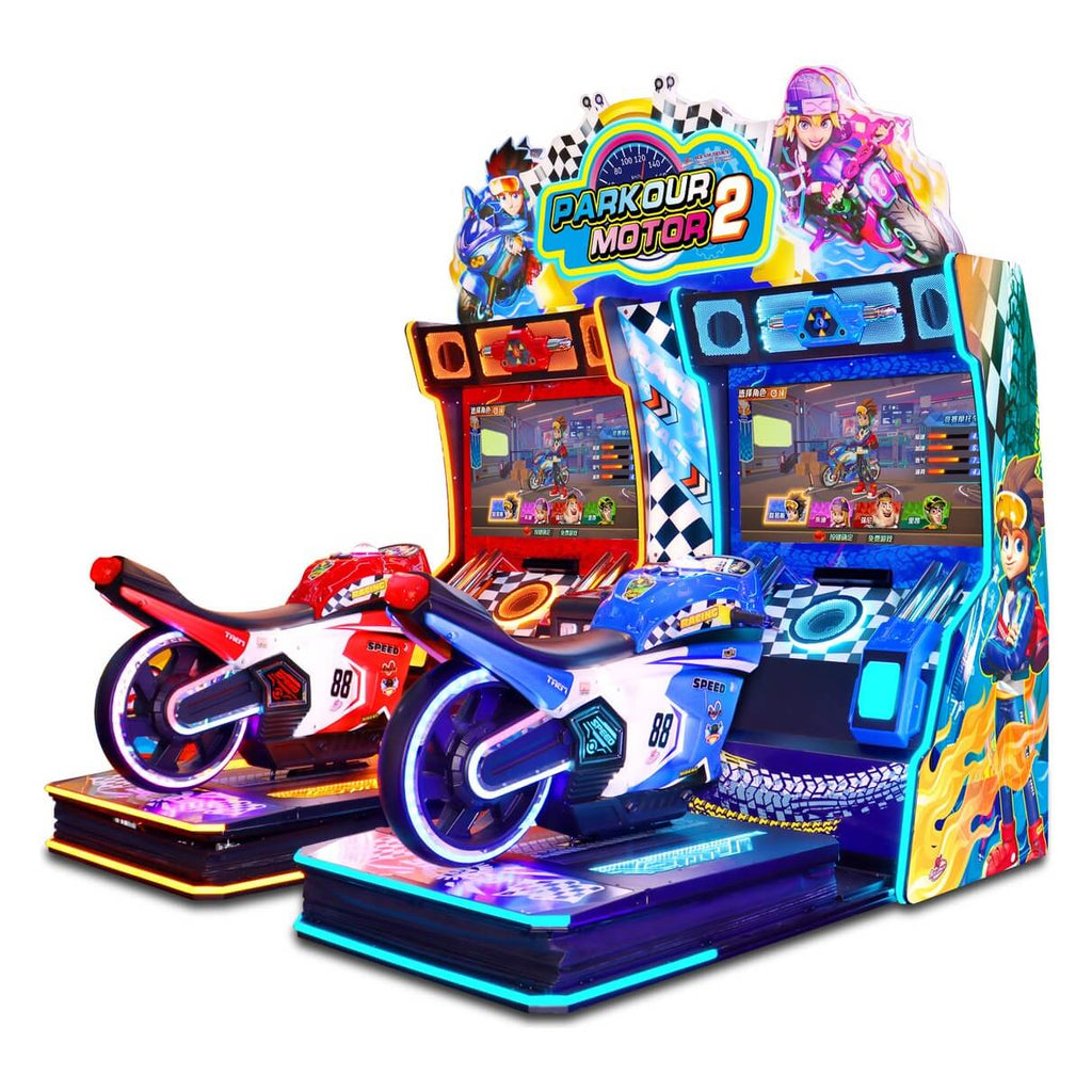 Parkour Motor II DX twin motorbike arcade machine from the side showing the red and blue ride-on bikes
