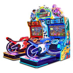 Parkour Motor II DX twin motorbike arcade machine from the side showing the red and blue ride-on bikes
