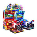 Parkour Motor II DX twin motorbike arcade machine with red and blue ride-on bikes and two screens