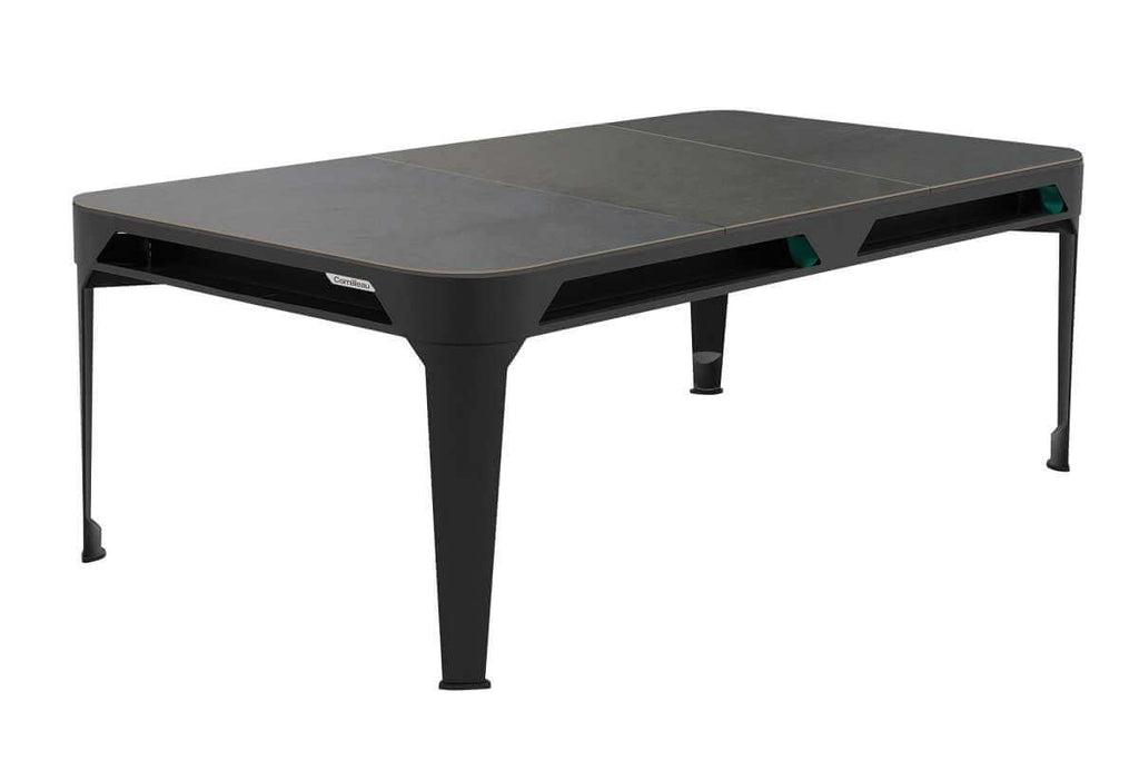 Stone-effect protective cover fitted over the Cornilleau Hyphen Outdoor 7ft pool table in Black