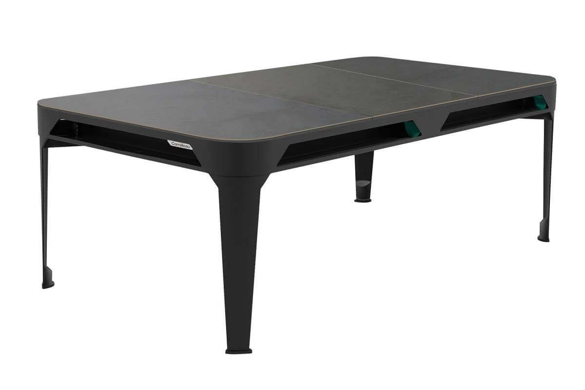 Stone-effect protective cover fitted over the Cornilleau Hyphen Outdoor 7ft pool table in Black