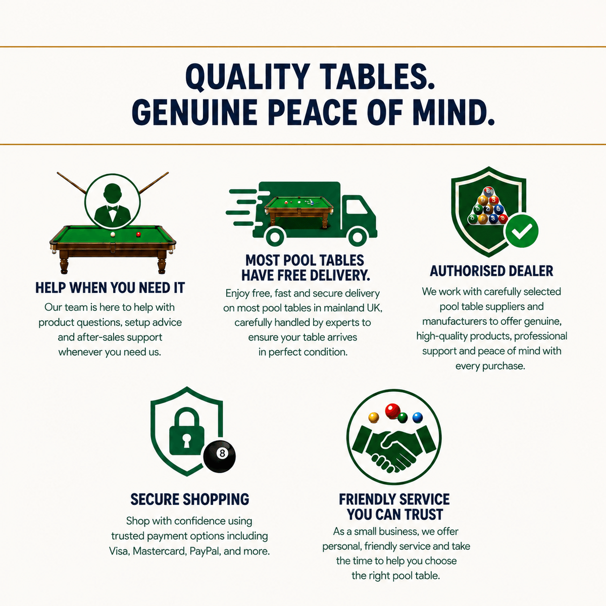 Premium Pool Tables trust badges: free delivery, authorised dealer, secure shopping and friendly customer service