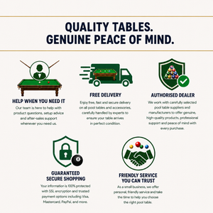Premium Pool Tables trust badges: free delivery, authorised dealer, secure shopping and friendly customer service