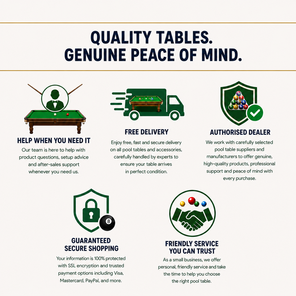 Premium Pool Tables trust badges: free delivery, authorised dealer, secure shopping and friendly customer service