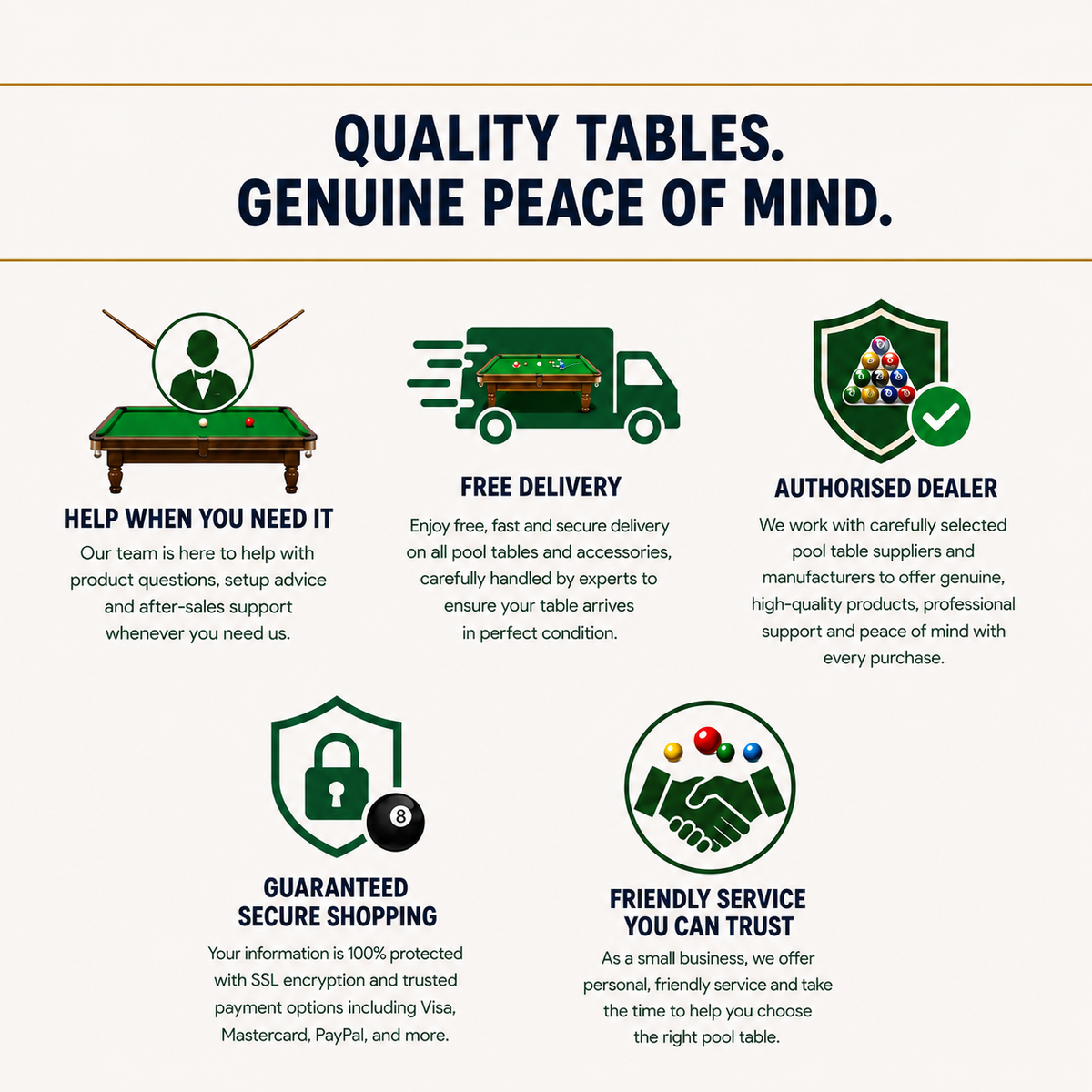 Premium Pool Tables trust badges: free delivery, authorised dealer, secure shopping and friendly customer service