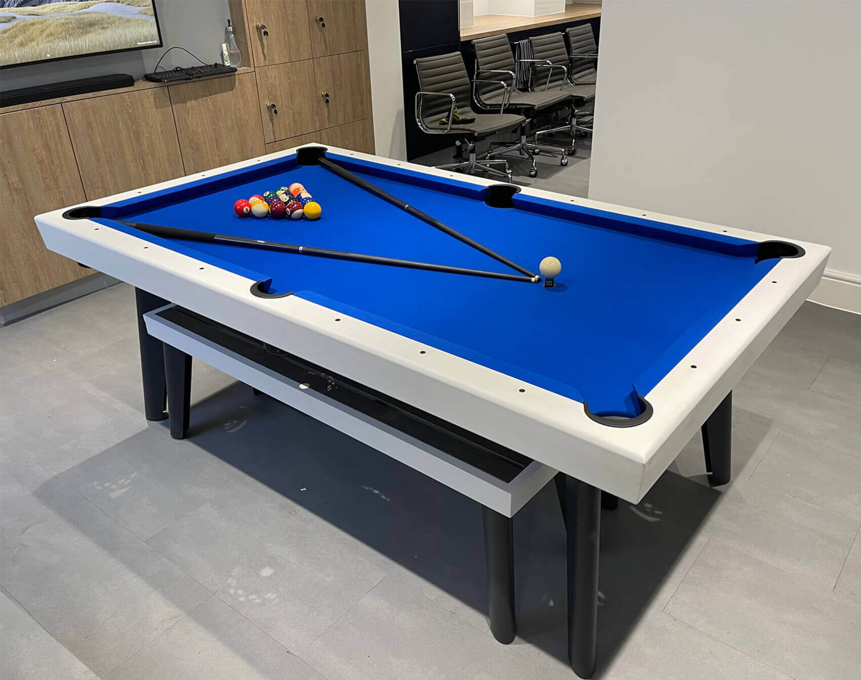 Pureline California indoor dining pool table with blue cloth and dining top storage shelf