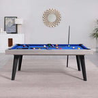 Pureline California indoor dining pool table with blue cloth and grey frame