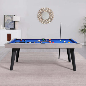Pureline California indoor dining pool table with blue cloth and grey frame