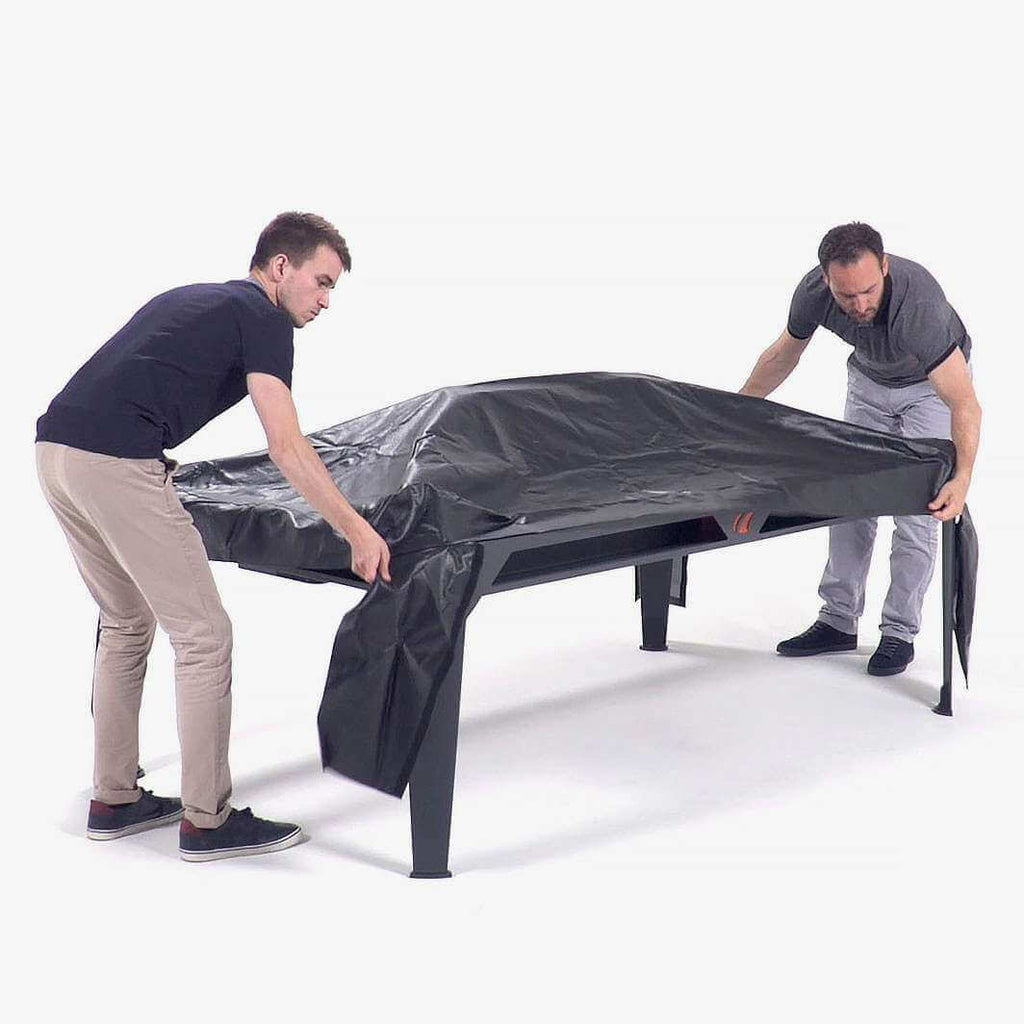 PVC protective cover fitted over the Cornilleau Hyphen Outdoor 7ft pool table, alternate view