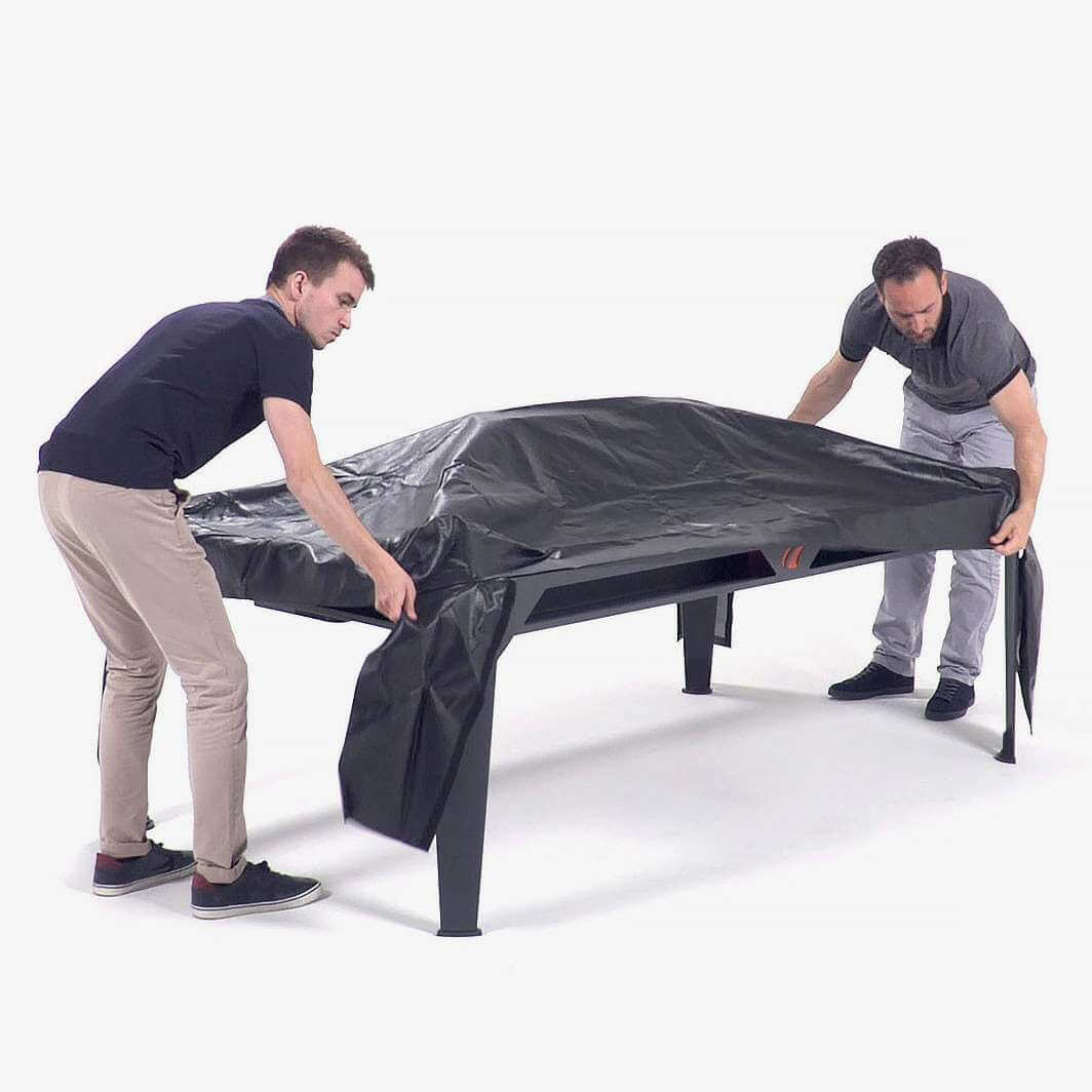 PVC protective cover fitted over the Cornilleau Hyphen Outdoor 7ft pool table, alternate view