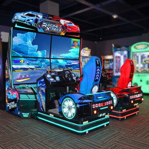 Racing XTreme DX arcade machine glowing in a family entertainment centre