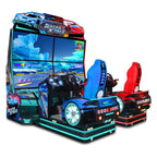 Racing XTreme DX motion racing arcade machine with four-monitor display and blue and red racing seats