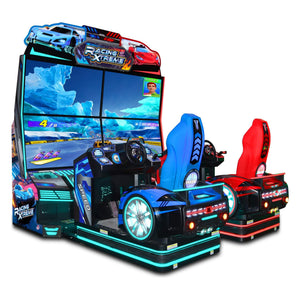 Racing XTreme DX motion racing arcade machine with four-monitor display and blue and red racing seats