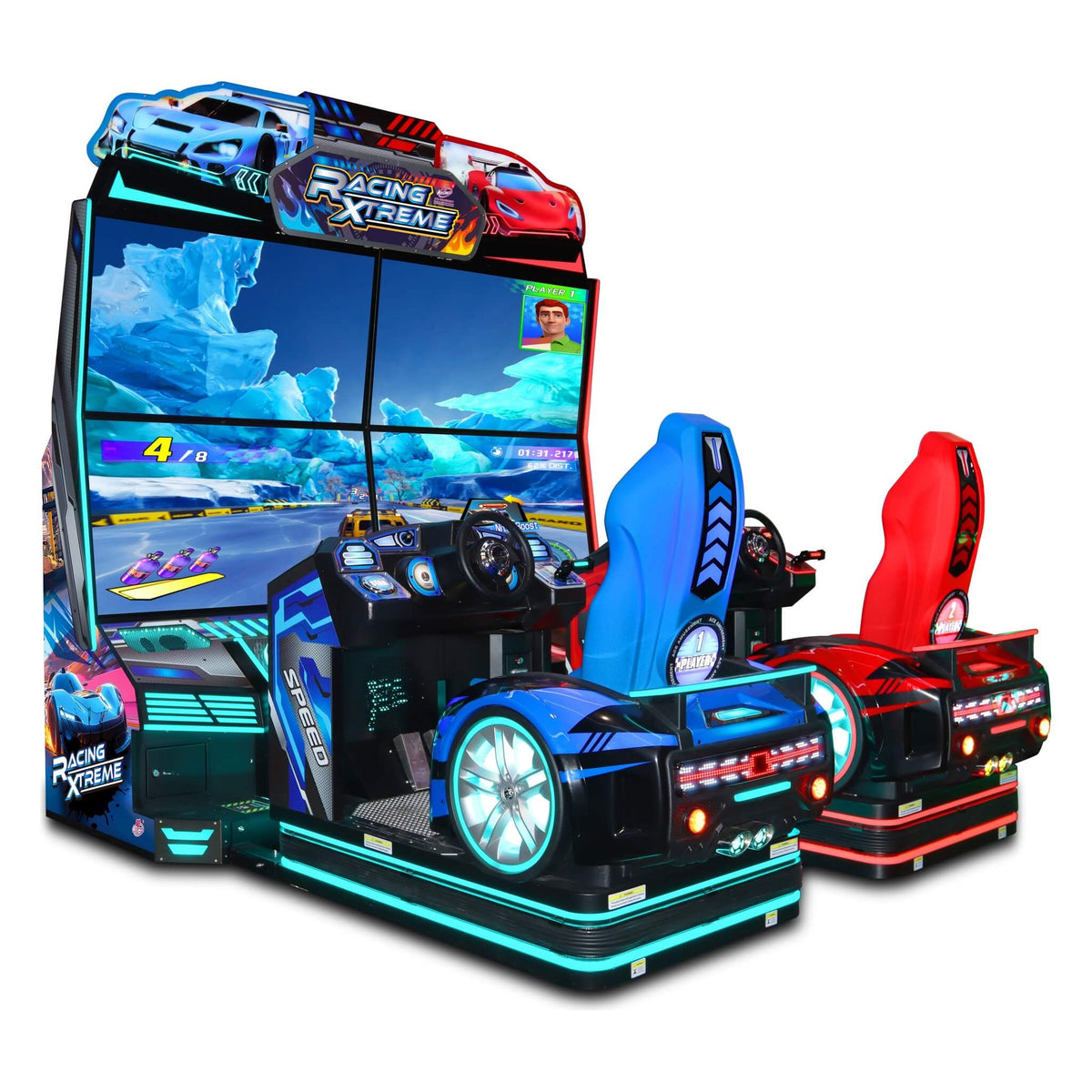 Racing XTreme DX motion racing arcade machine with four-monitor display and blue and red racing seats
