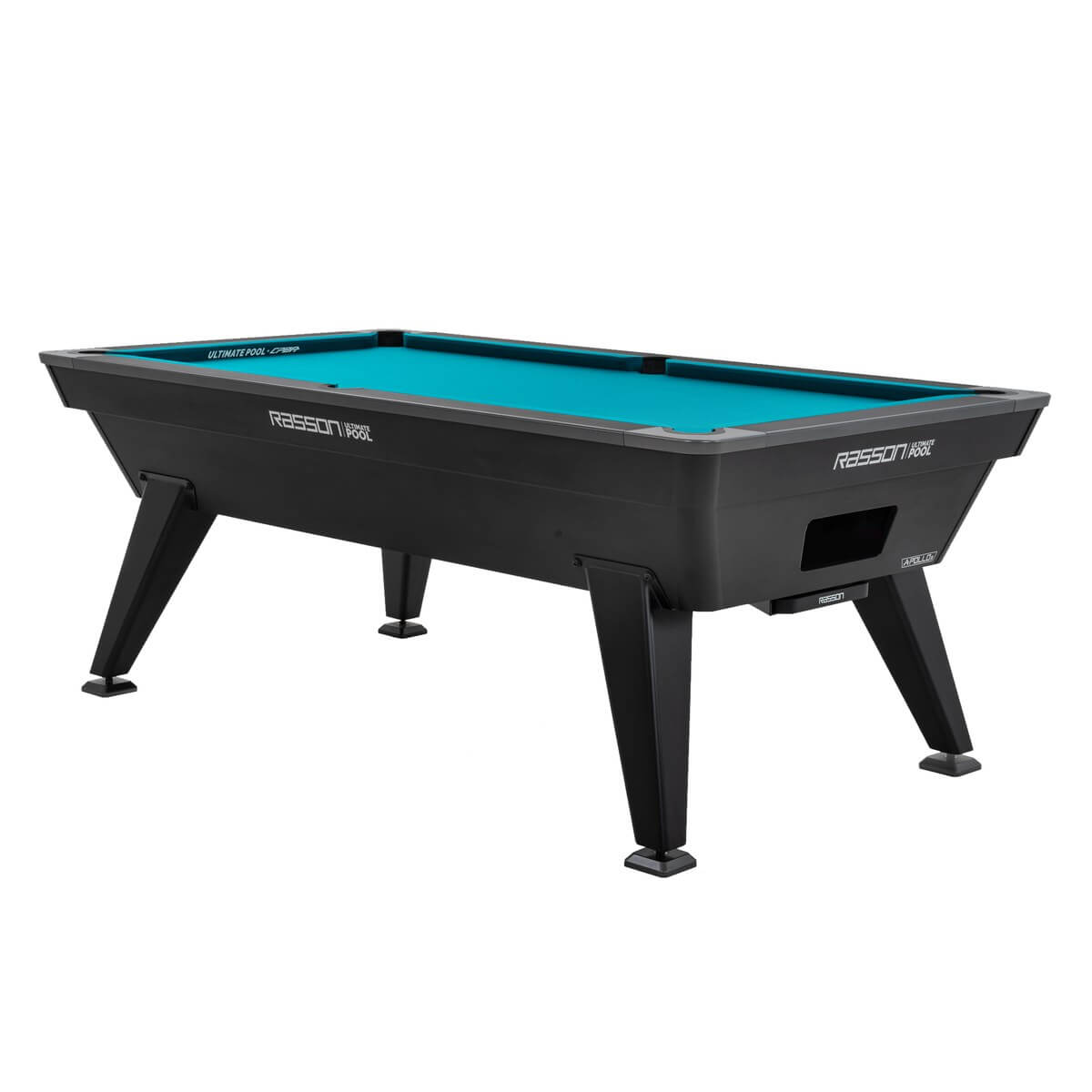 Rasson Apollo II 7ft English pool table with teal cloth and black cabinet on angled legs
