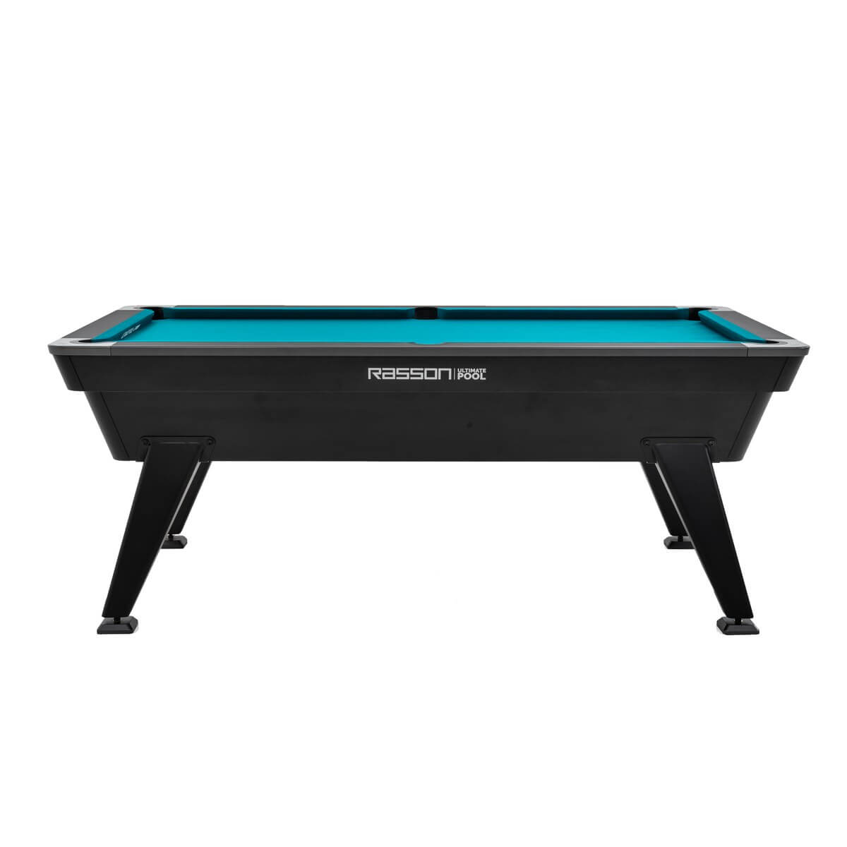 Side view of the Rasson Apollo II pool table with Rasson Apollo branding on the cabinet